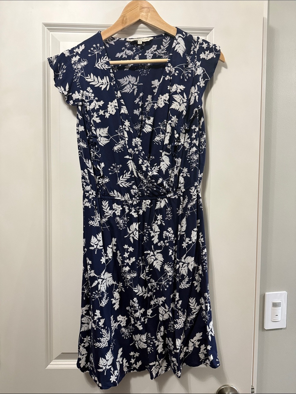 Navy Blue Floral Wrap-Style Dress